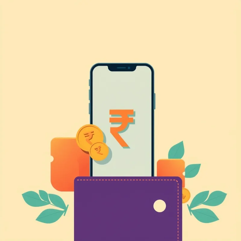 Flat illustration of a smartphone with rupee coins and a wallet