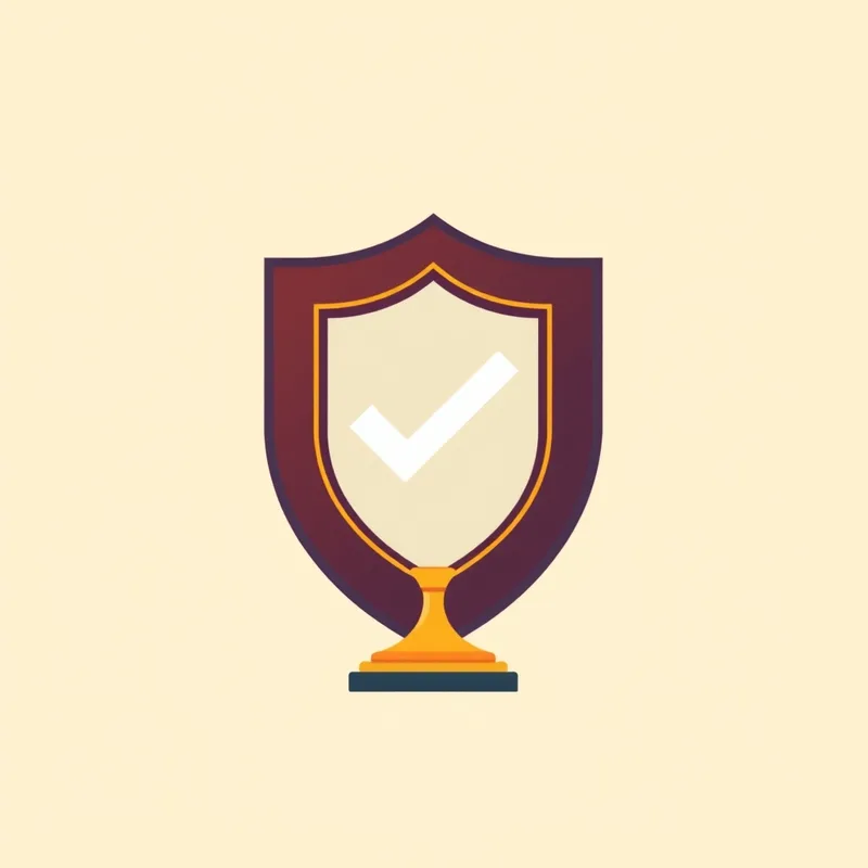 Flat illustration of a shield with a check mark and a trophy